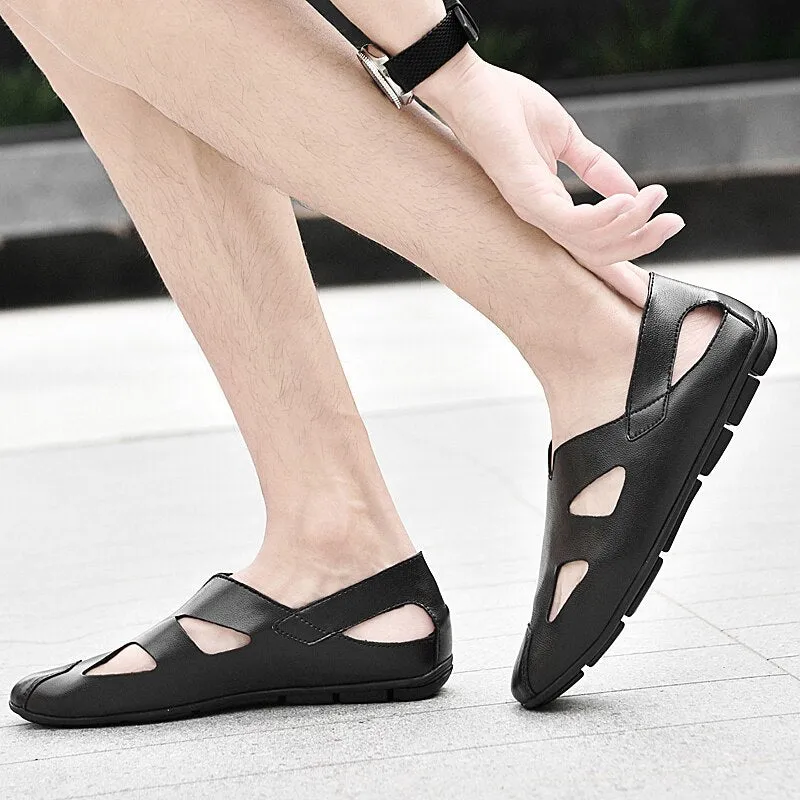 Advbridge See Genuine Leather Mens Casual shoes Fashion Black Summer Sandals Breathable Lightweight Outdoor Loafers Plus Size36-47