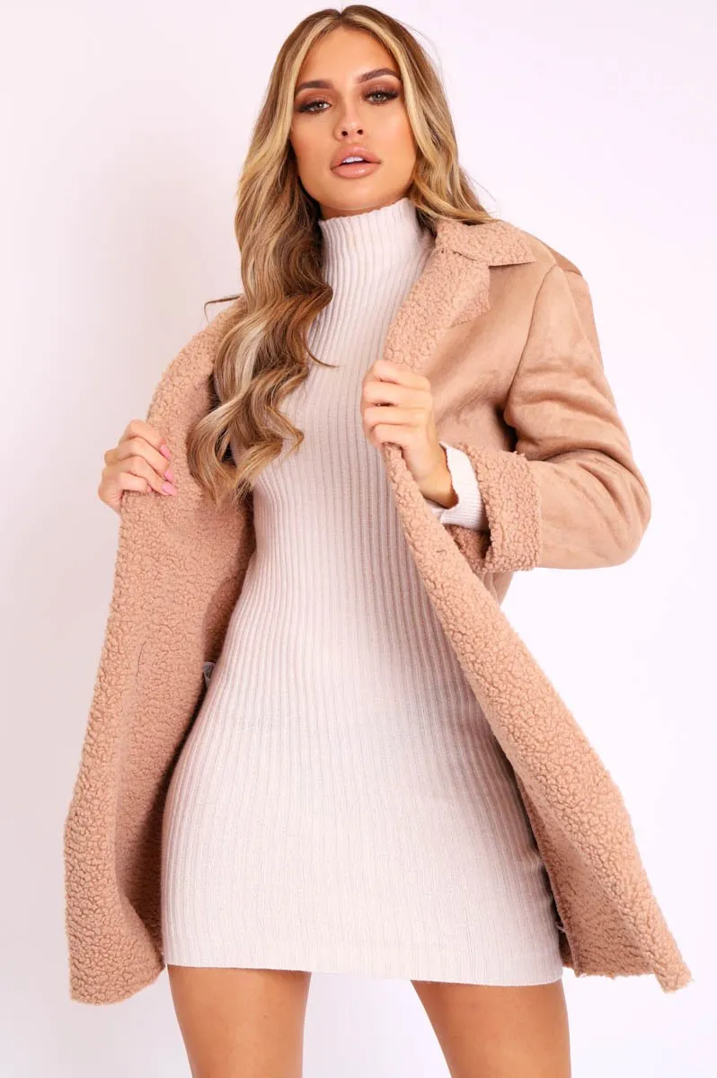 Beige Faux Suede Shearling Coat - Izabella