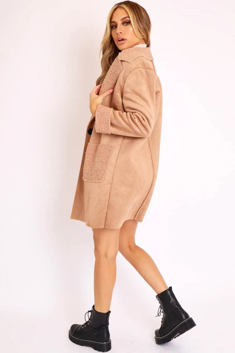 Beige Faux Suede Shearling Coat - Izabella