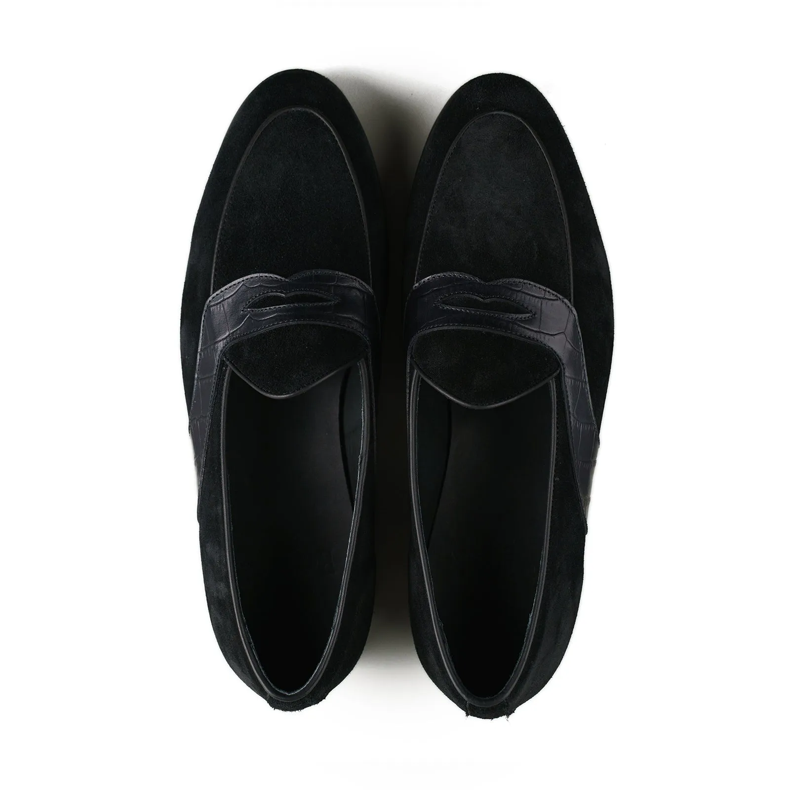 Belgian Penny Loafer - Black Suede w/ Faux Croc Strap