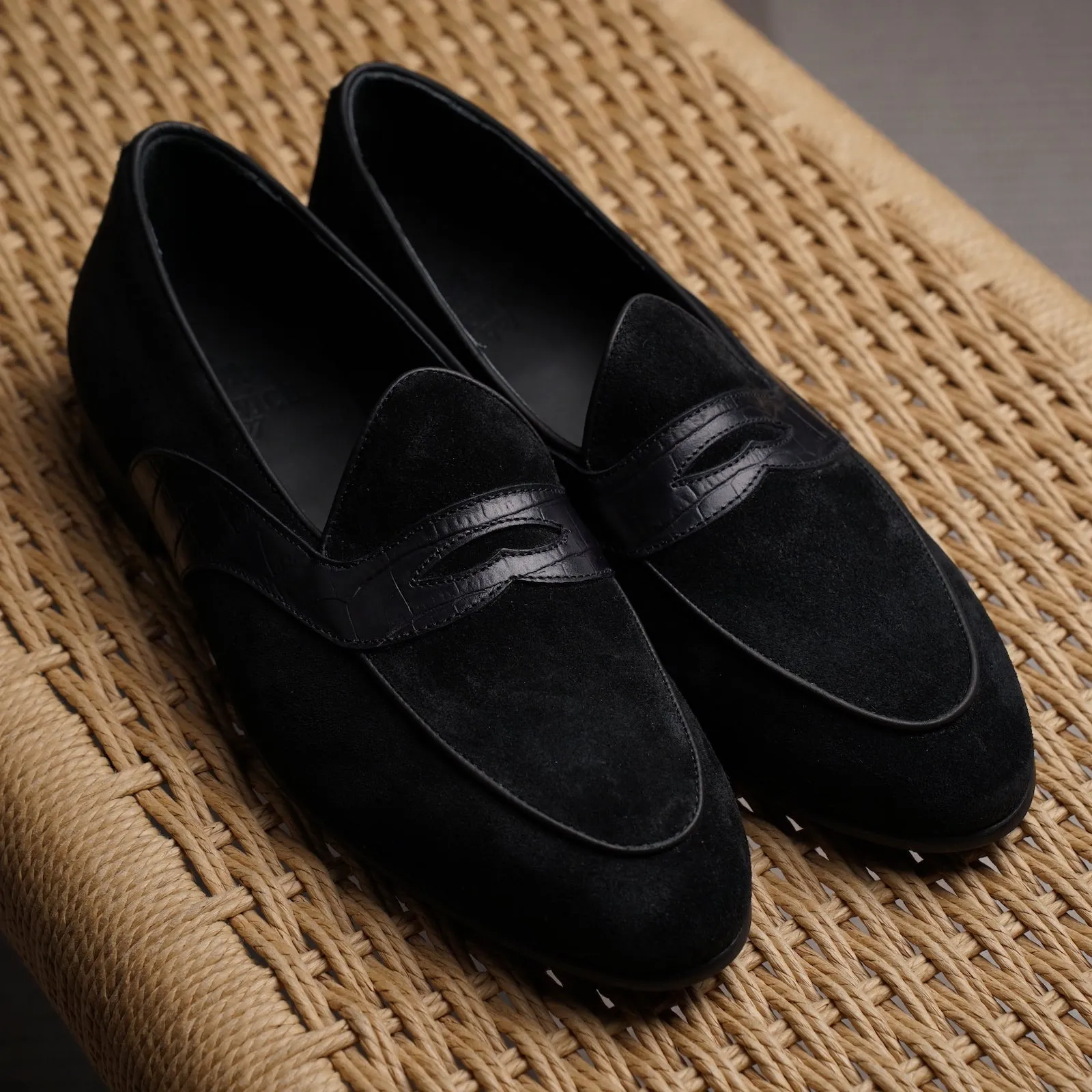 Belgian Penny Loafer - Black Suede w/ Faux Croc Strap