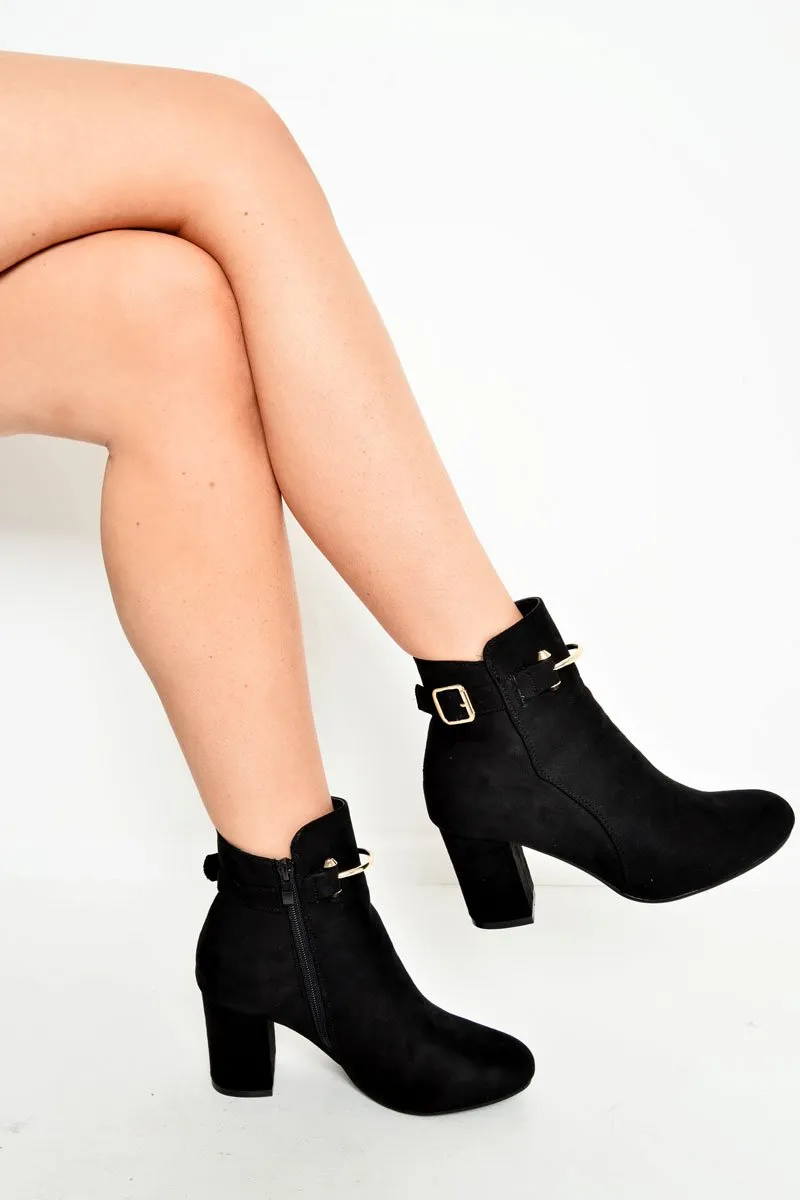 Black Faux Suede Gold Buckle Detail Ankle Boots - Jynelle