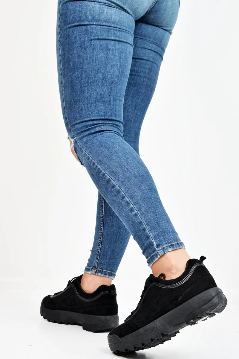 Black Faux Suede Lace Up Sole Detail Trainers - Aviana