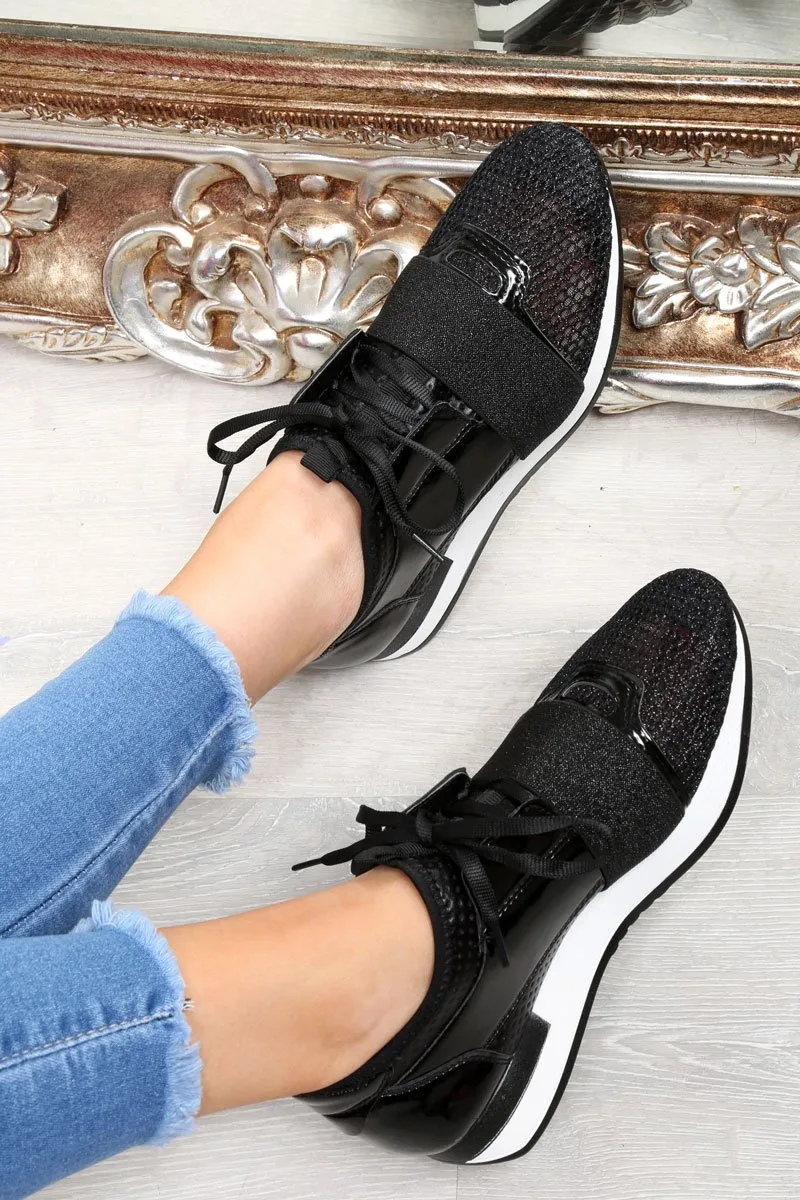 Black Glitter Mesh Panel Trainers - Helaina