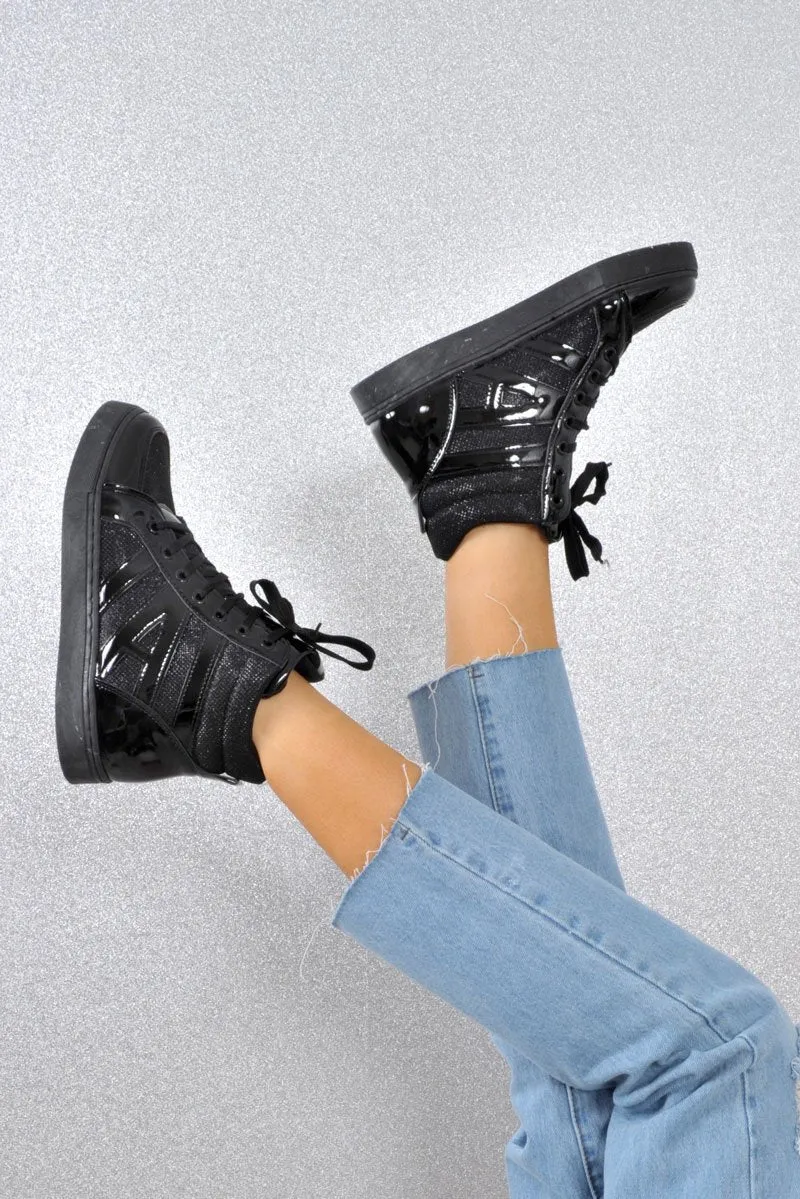 Black Metallic and Shimmer Effect High Top Lace Up Trainers - Dessie