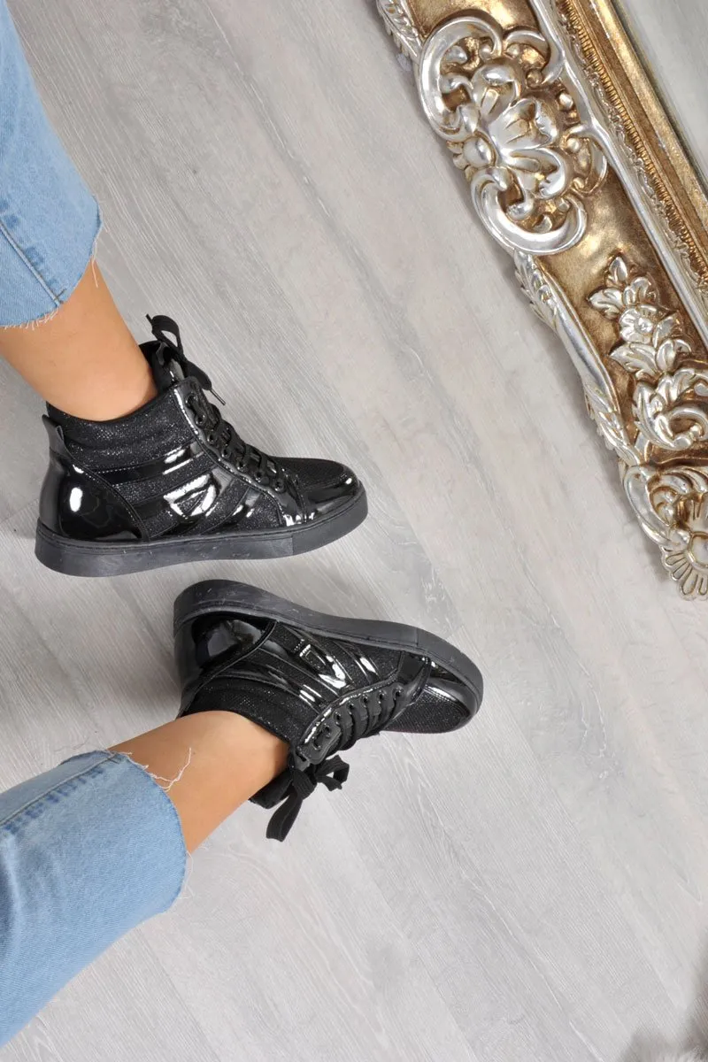 Black Metallic and Shimmer Effect High Top Lace Up Trainers - Dessie