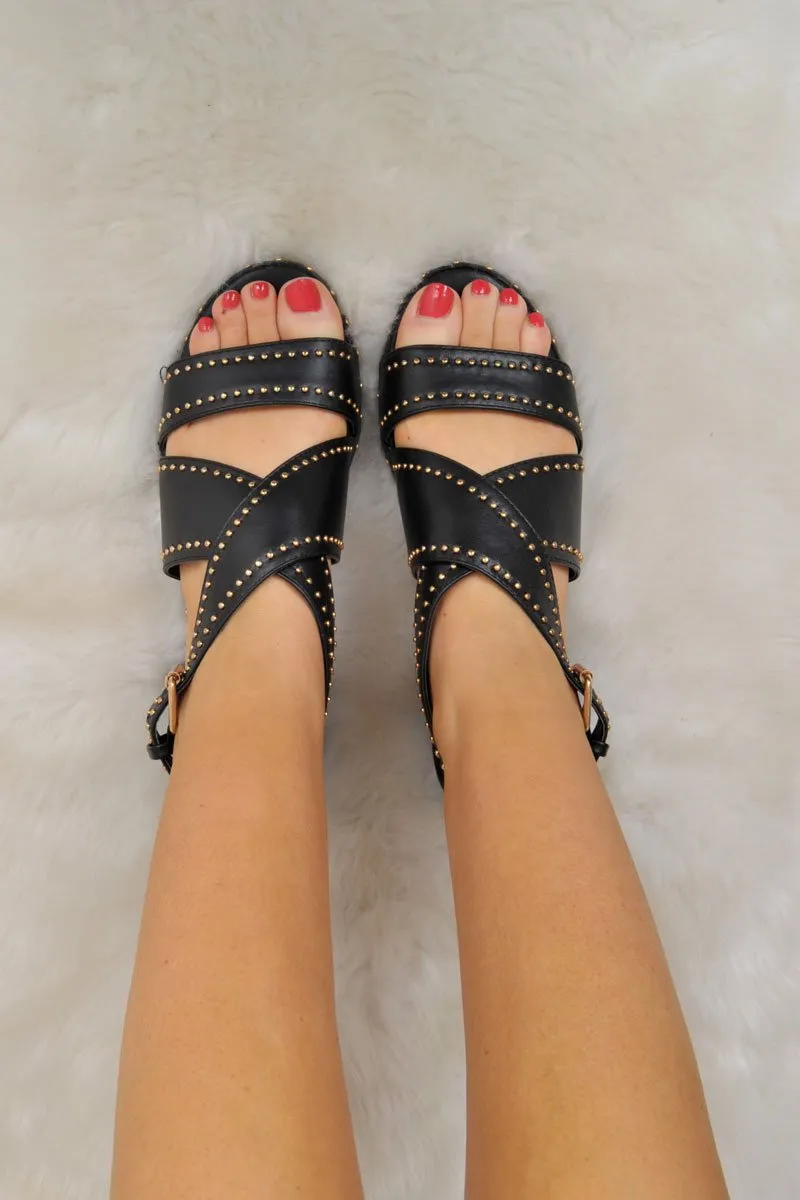 Black PU Studded Cross Over Sandals - Aubrie