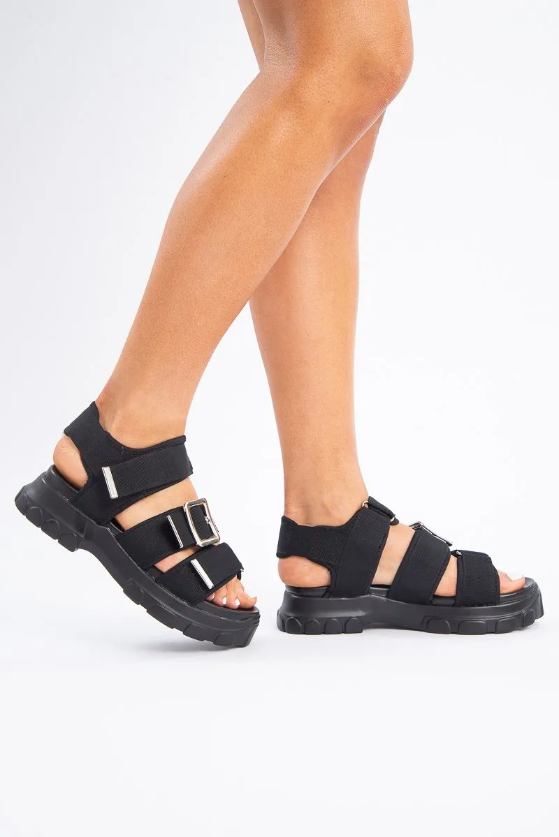 Black Silver Buckle Velcro Strap Chunky Sandals - Gaelle