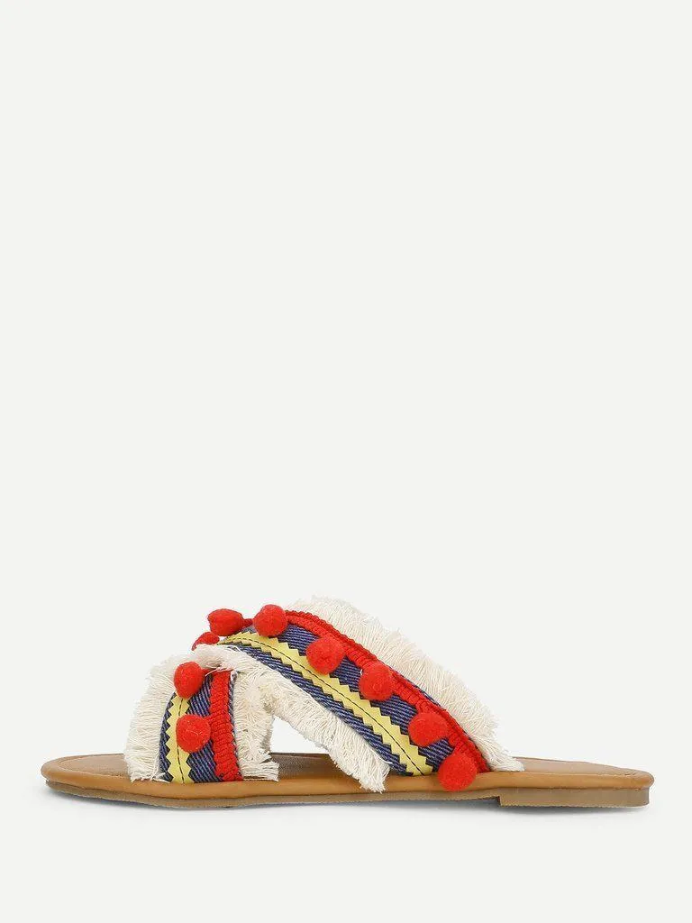 Criss Cross Flat Sandals With Pom Pom