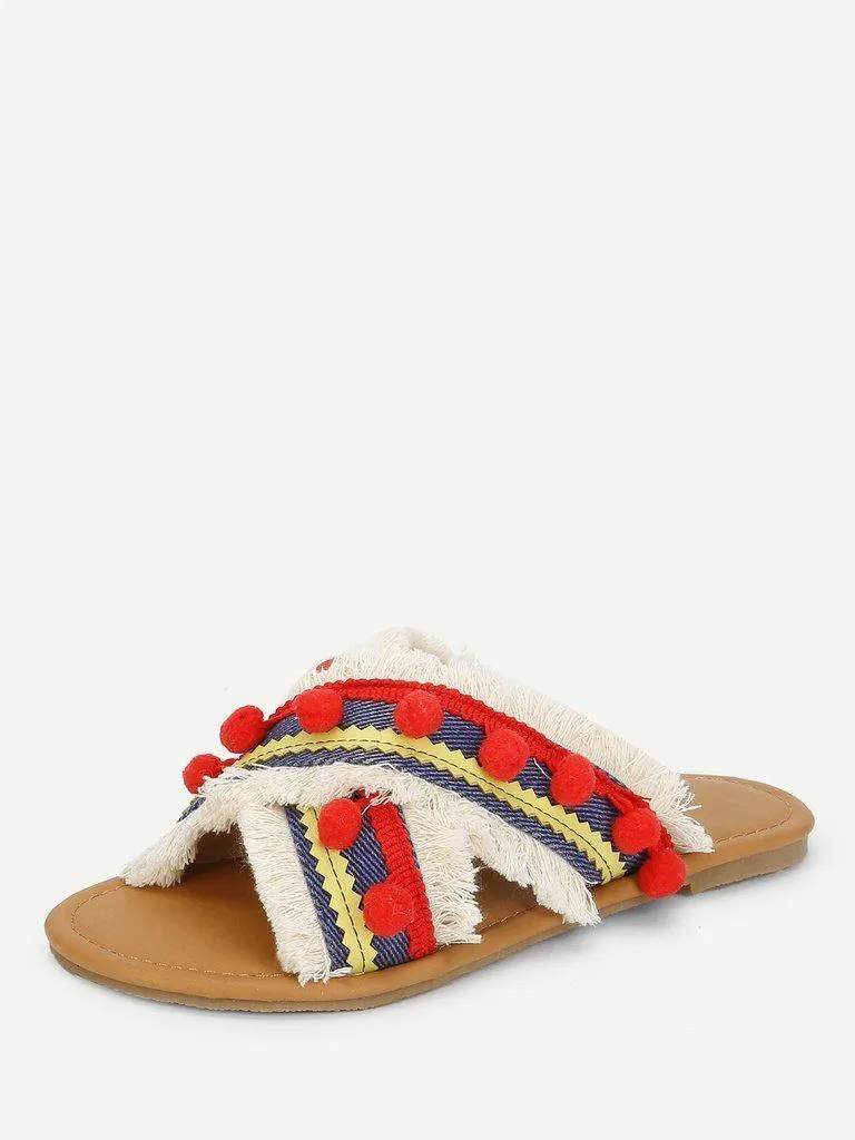 Criss Cross Flat Sandals With Pom Pom