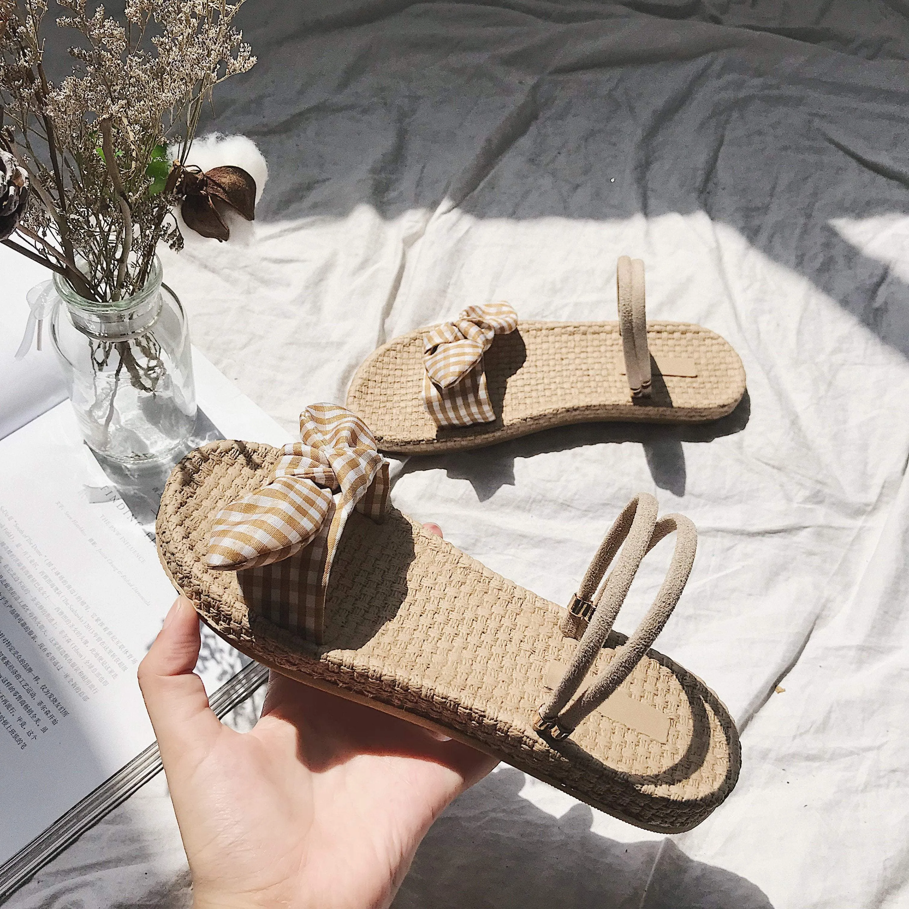 Cute Bow Wooden Flat Summer Sandals