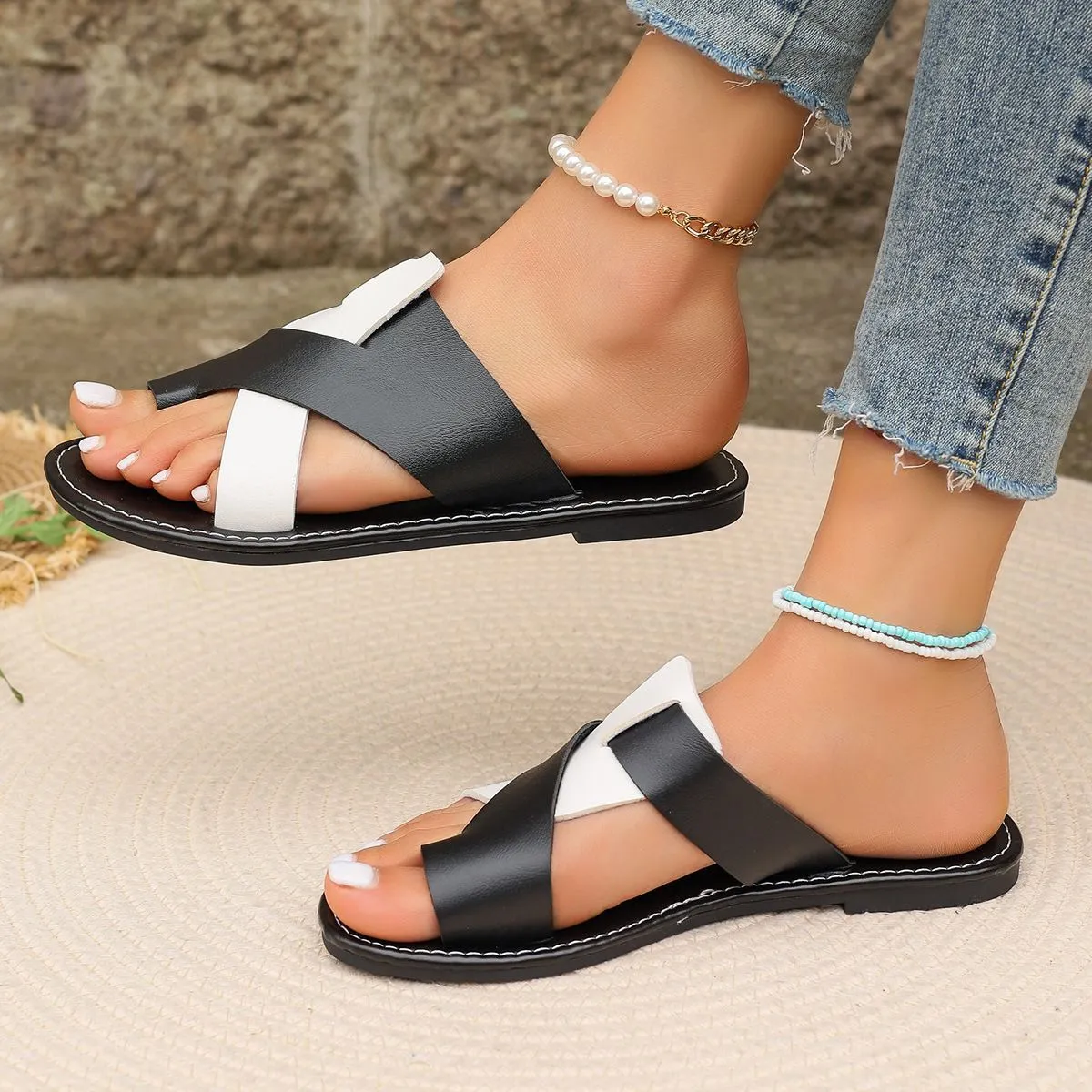 DEANWANGKT  European and American  Summer Foreign Trade New plus Size Women's Shoes Toe Covering Flat Heel Leisure Light Brown Women's Sandals Wish