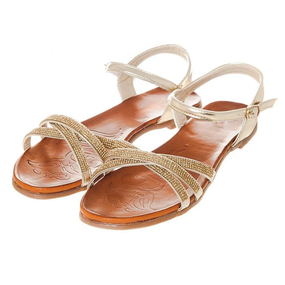 Flat Block Heel Ankle Strap Decorative Stone Straps