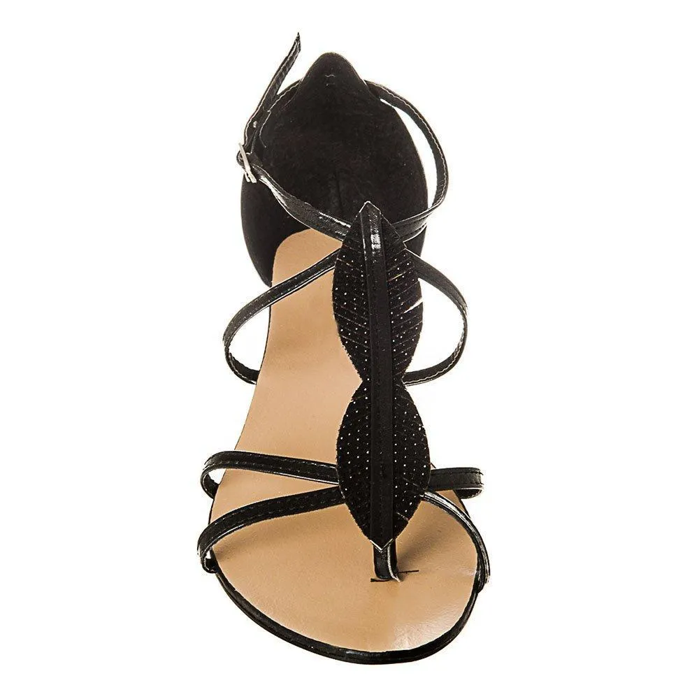 Flat Wedge Ankle Strap Toe-Post Sandal With Leaf design