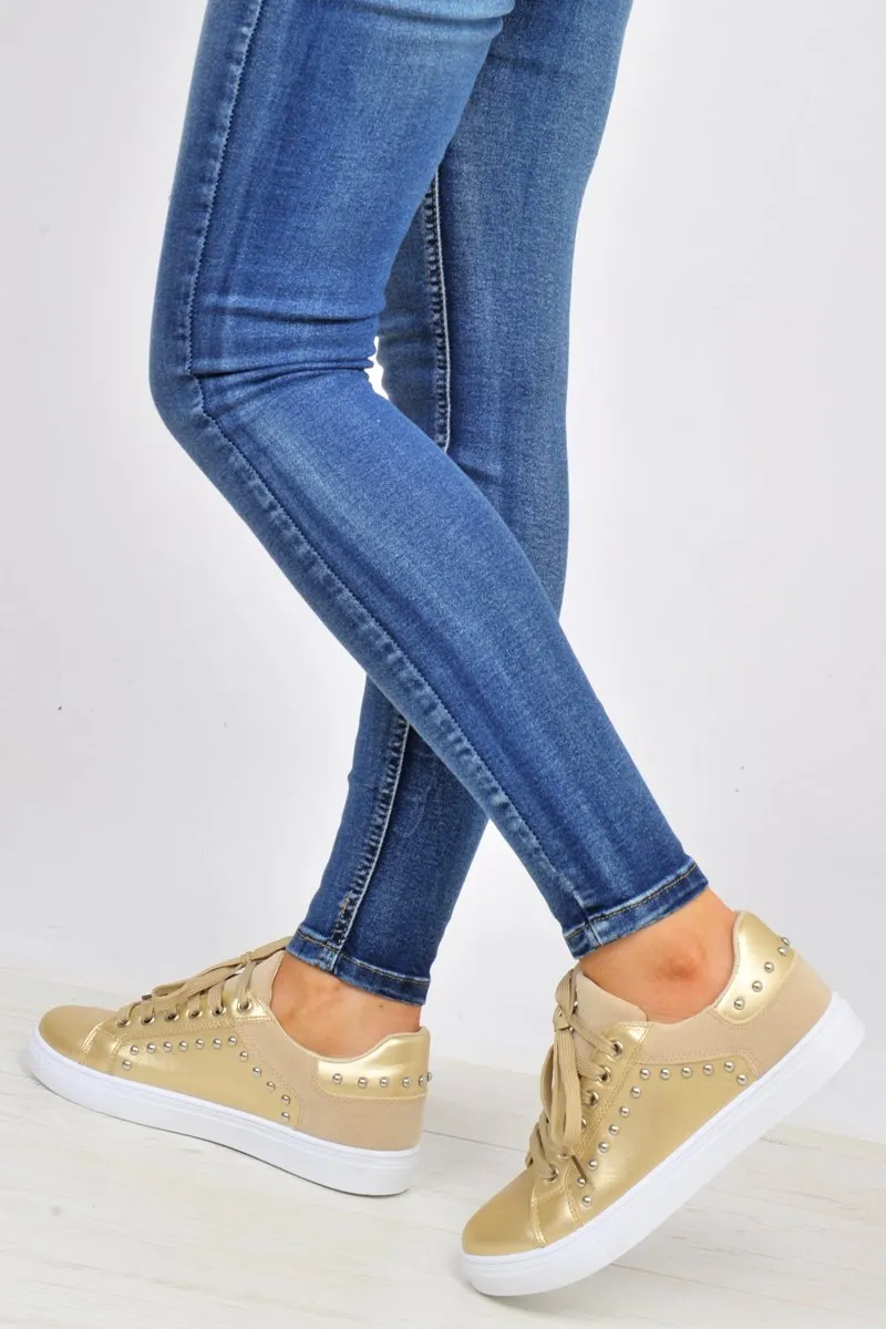 Gold Lace Up Studded Trainers - Danaly