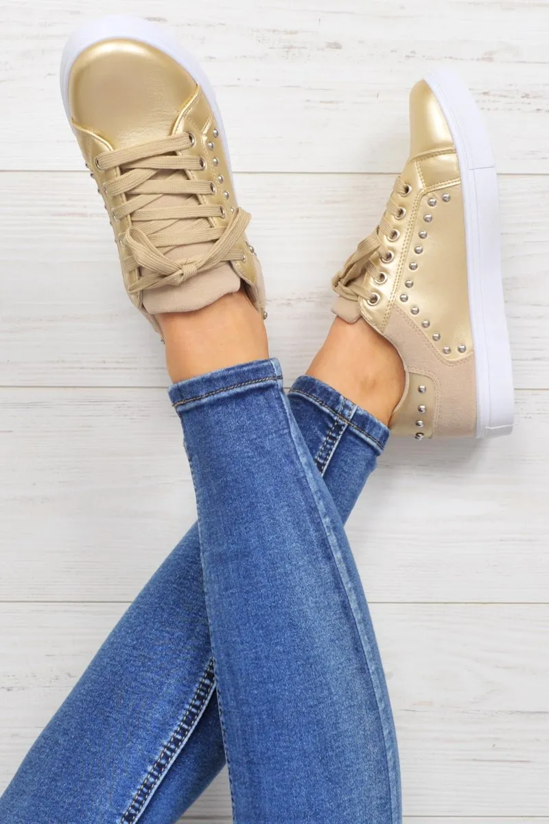 Gold Lace Up Studded Trainers - Danaly