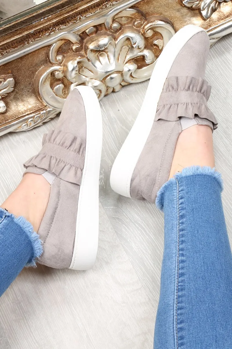 Grey Faux Suede Frill Slip On Trainers - Nara