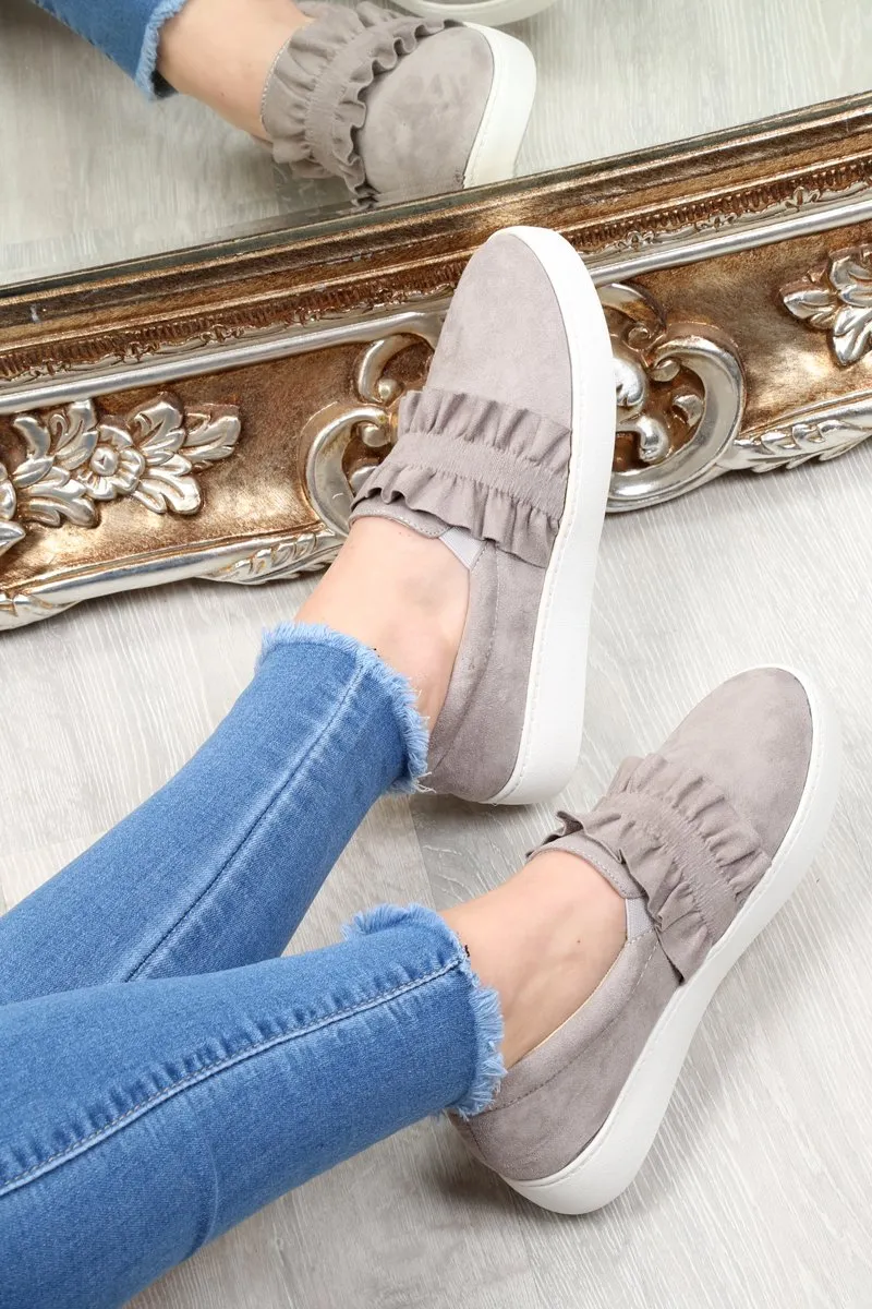 Grey Faux Suede Frill Slip On Trainers - Nara