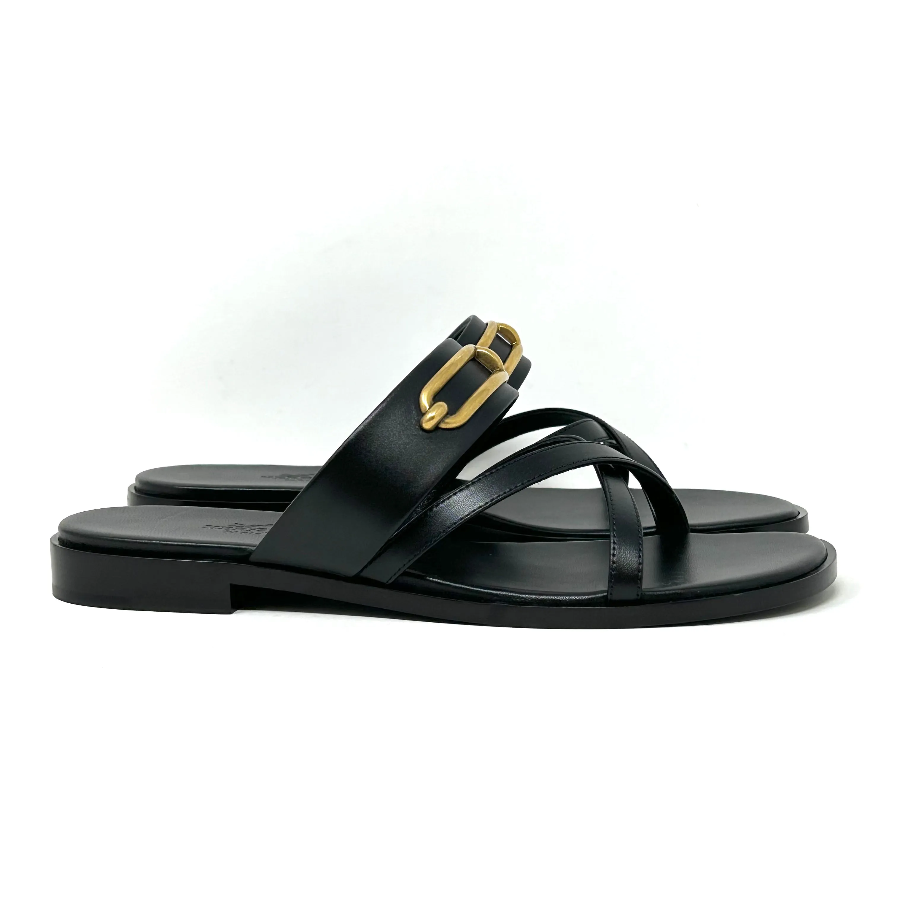 Hermes Claire Black Leather Aged Gold Buckle Sandals 38 UK 5