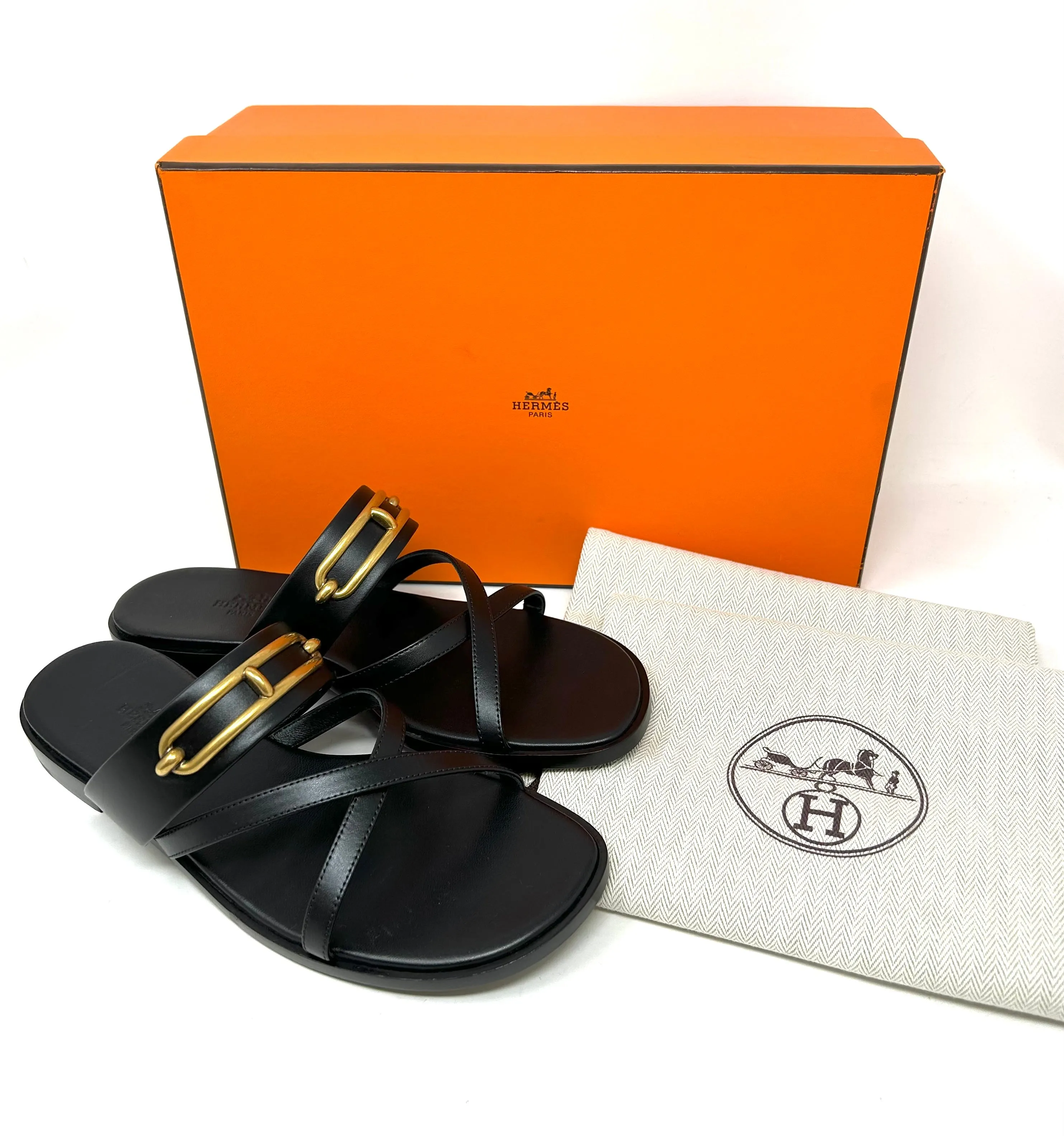 Hermes Claire Black Leather Aged Gold Buckle Sandals 38 UK 5