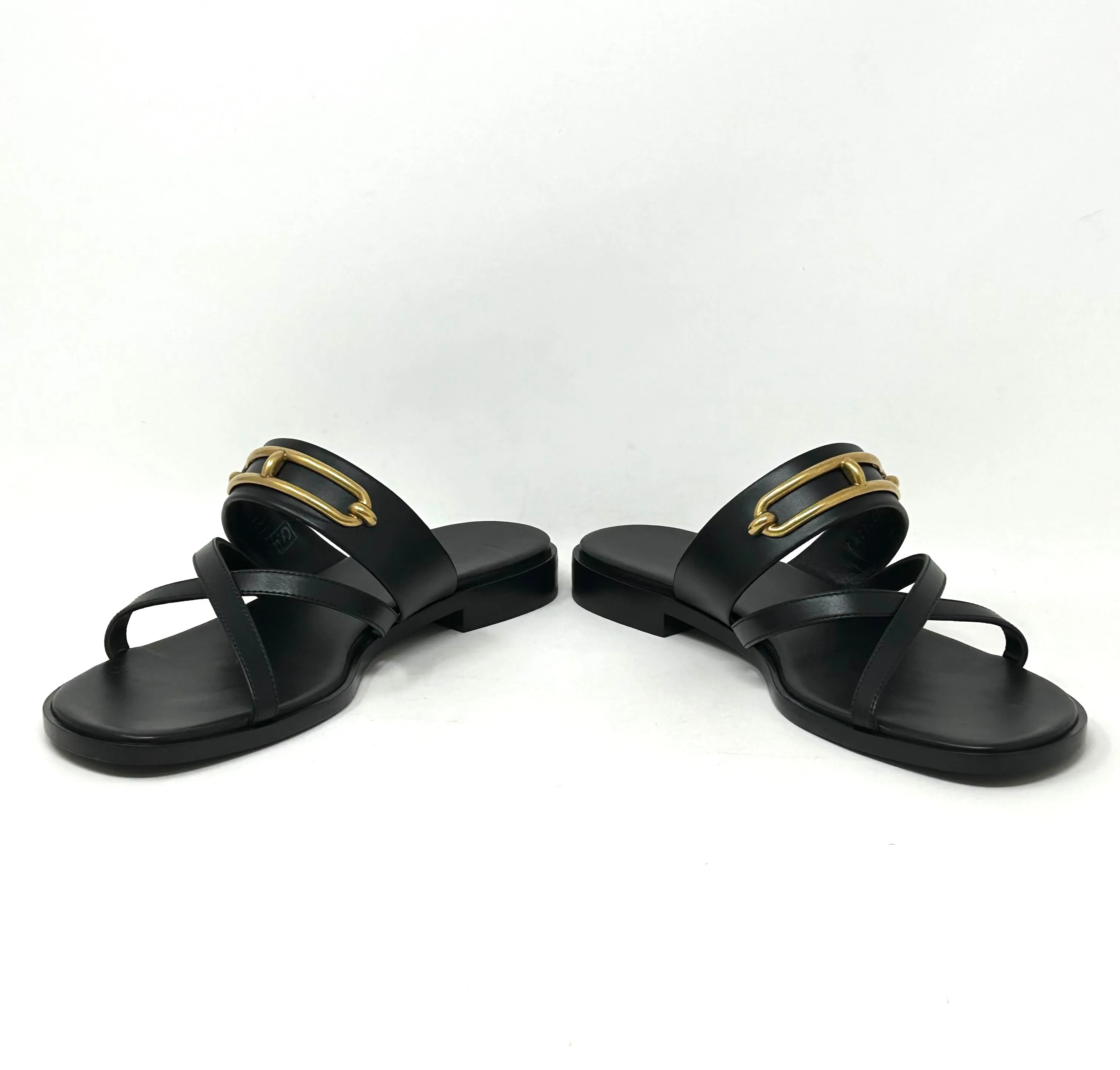 Hermes Claire Black Leather Aged Gold Buckle Sandals 38 UK 5