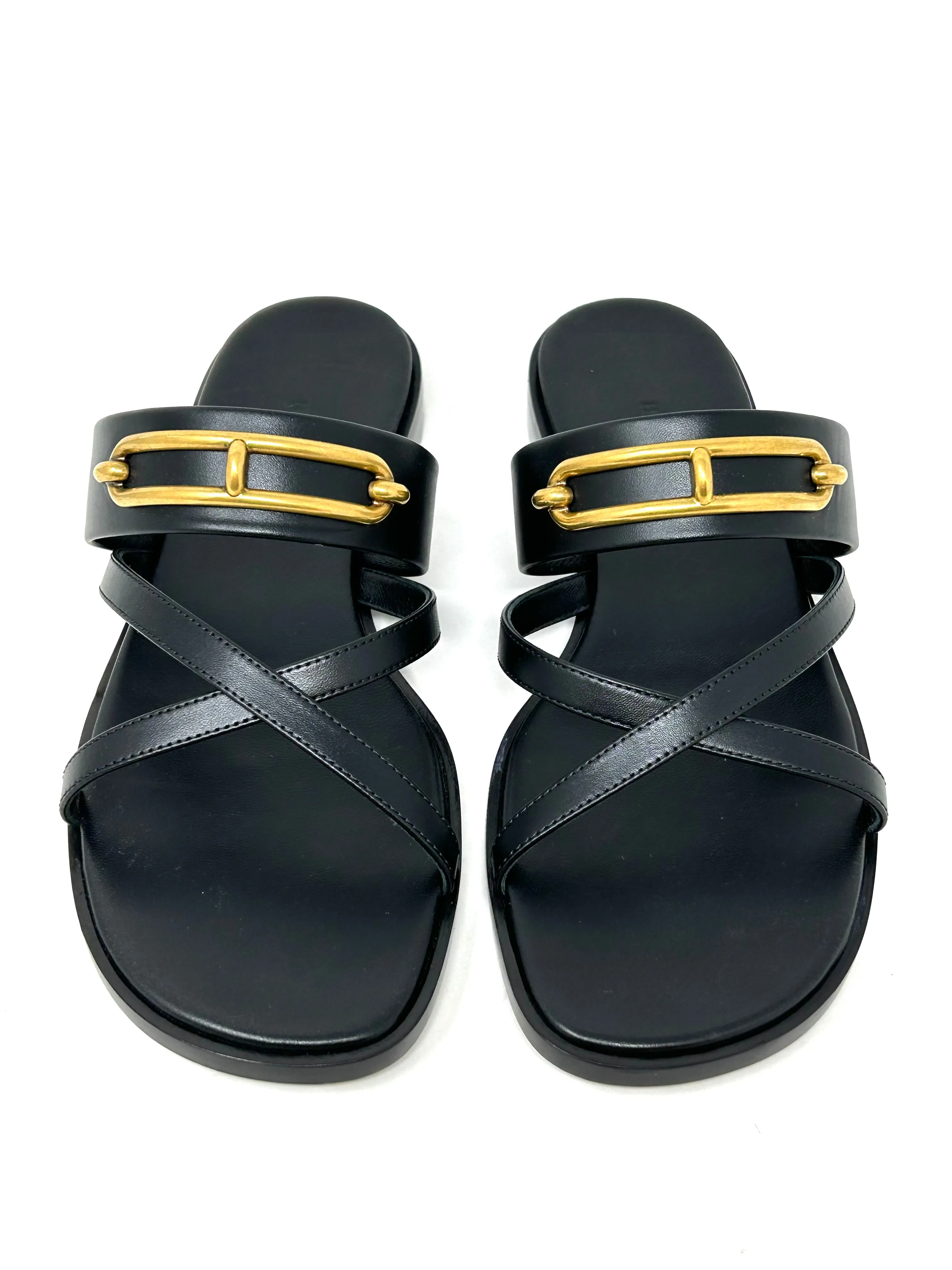 Hermes Claire Black Leather Aged Gold Buckle Sandals 38 UK 5