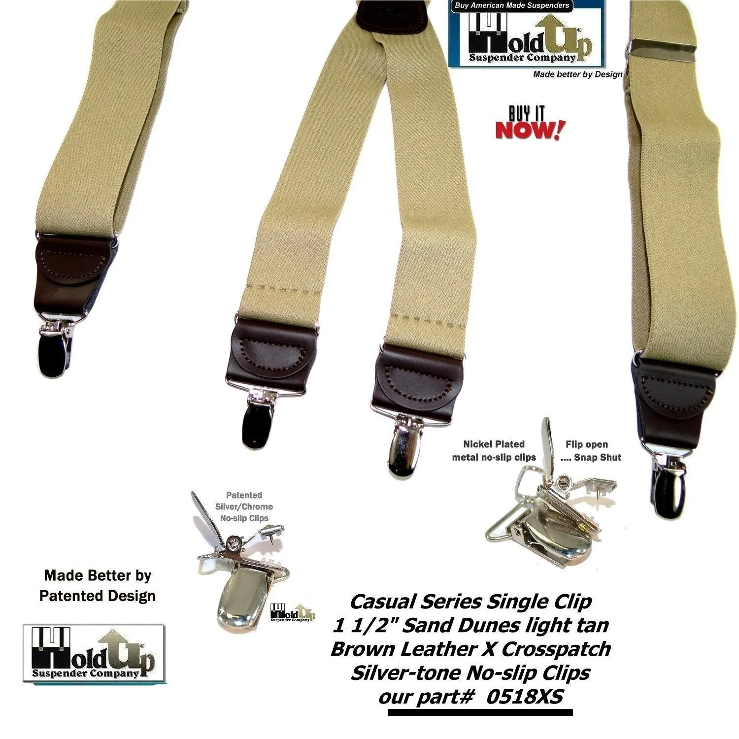 Holdup Sand Dunes Tan Casual Series Suspenders in X-back with Silver Clips