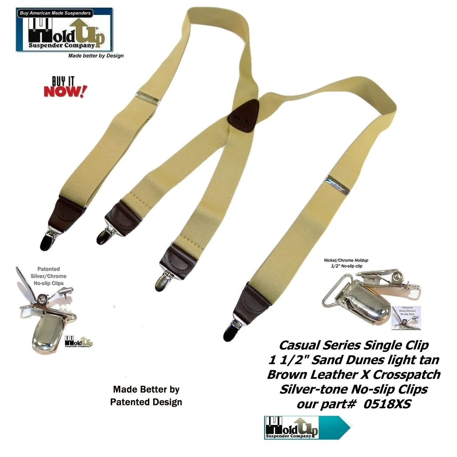 Holdup Sand Dunes Tan Casual Series Suspenders in X-back with Silver Clips