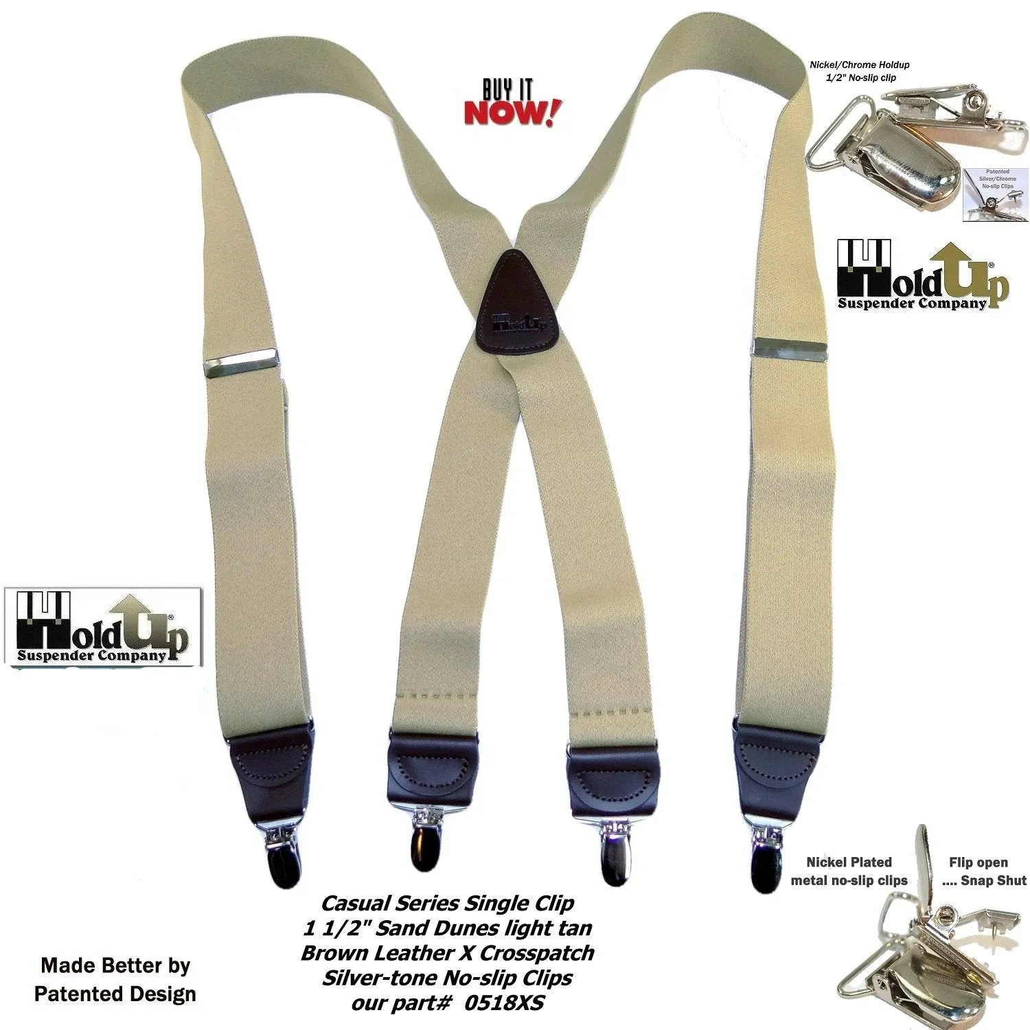 Holdup Sand Dunes Tan Casual Series Suspenders in X-back with Silver Clips