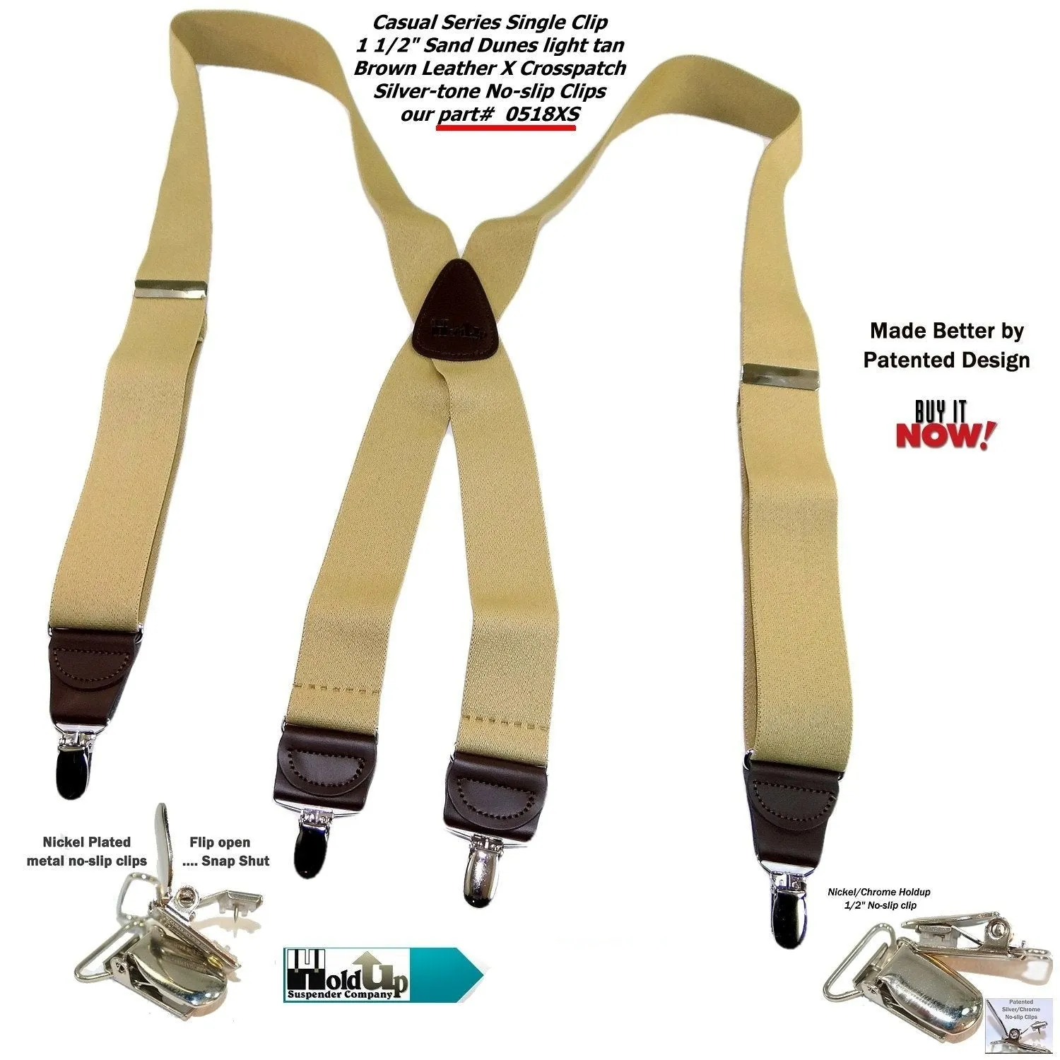 Holdup Sand Dunes Tan Casual Series Suspenders in X-back with Silver Clips