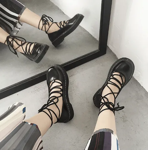 Laceup Black Leather Closed Toe Flat Sandals