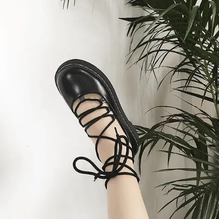 Laceup Black Leather Closed Toe Flat Sandals