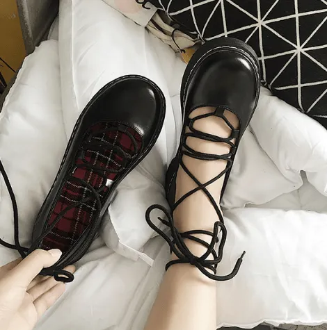 Laceup Black Leather Closed Toe Flat Sandals