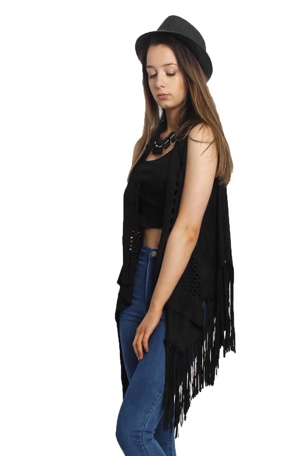 Laser Cut Faux Suede Waterfall Fringed Waistcoat