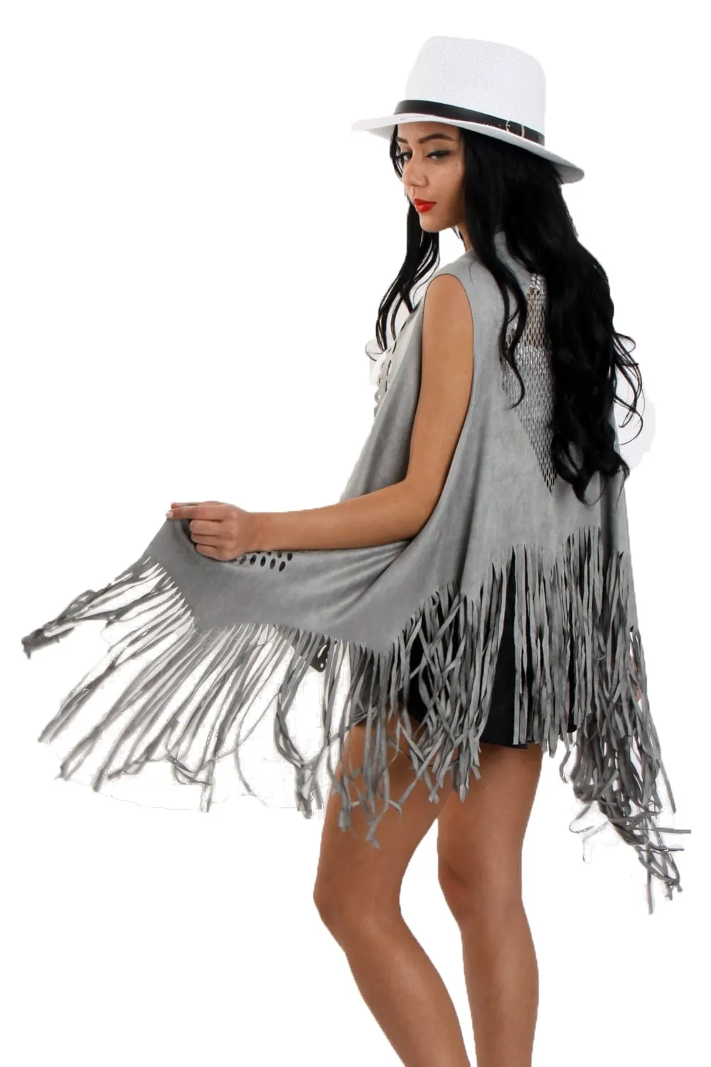 Laser Cut Faux Suede Waterfall Fringed Waistcoat