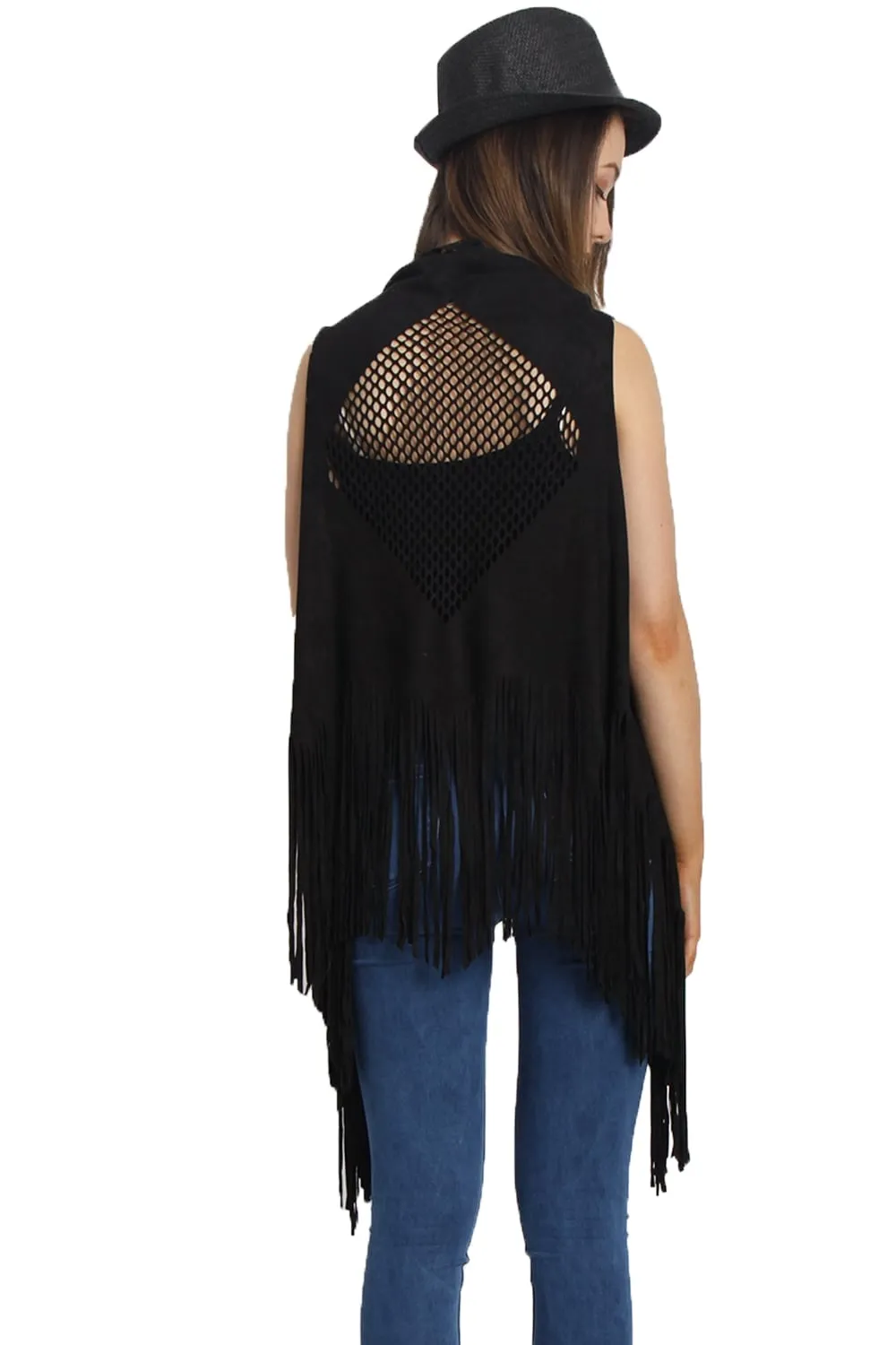 Laser Cut Faux Suede Waterfall Fringed Waistcoat