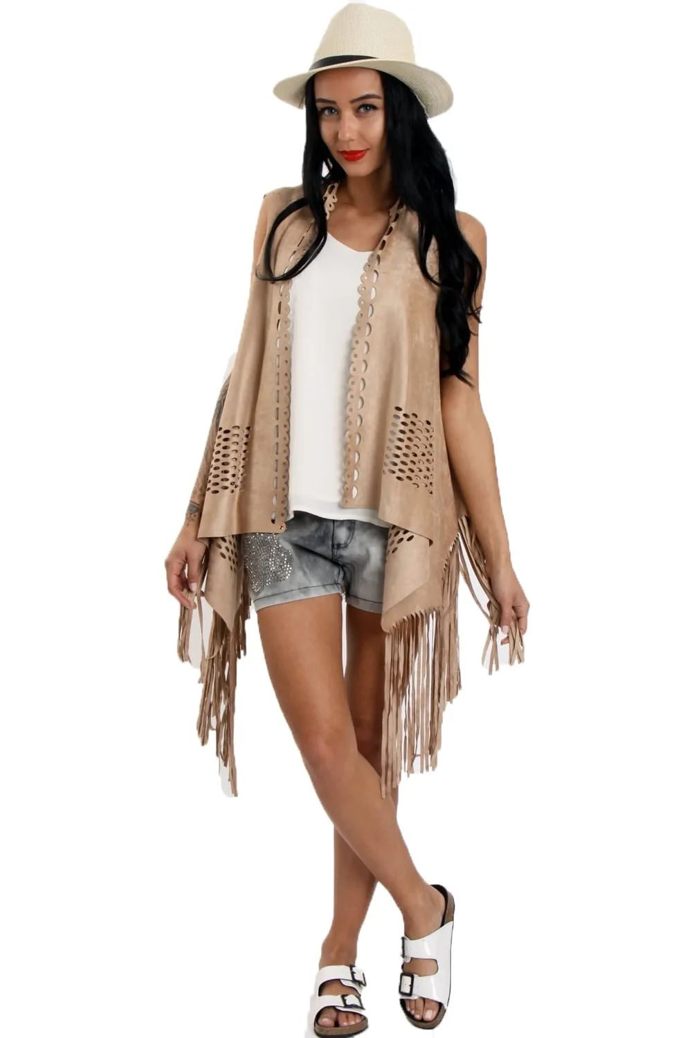 Laser Cut Faux Suede Waterfall Fringed Waistcoat