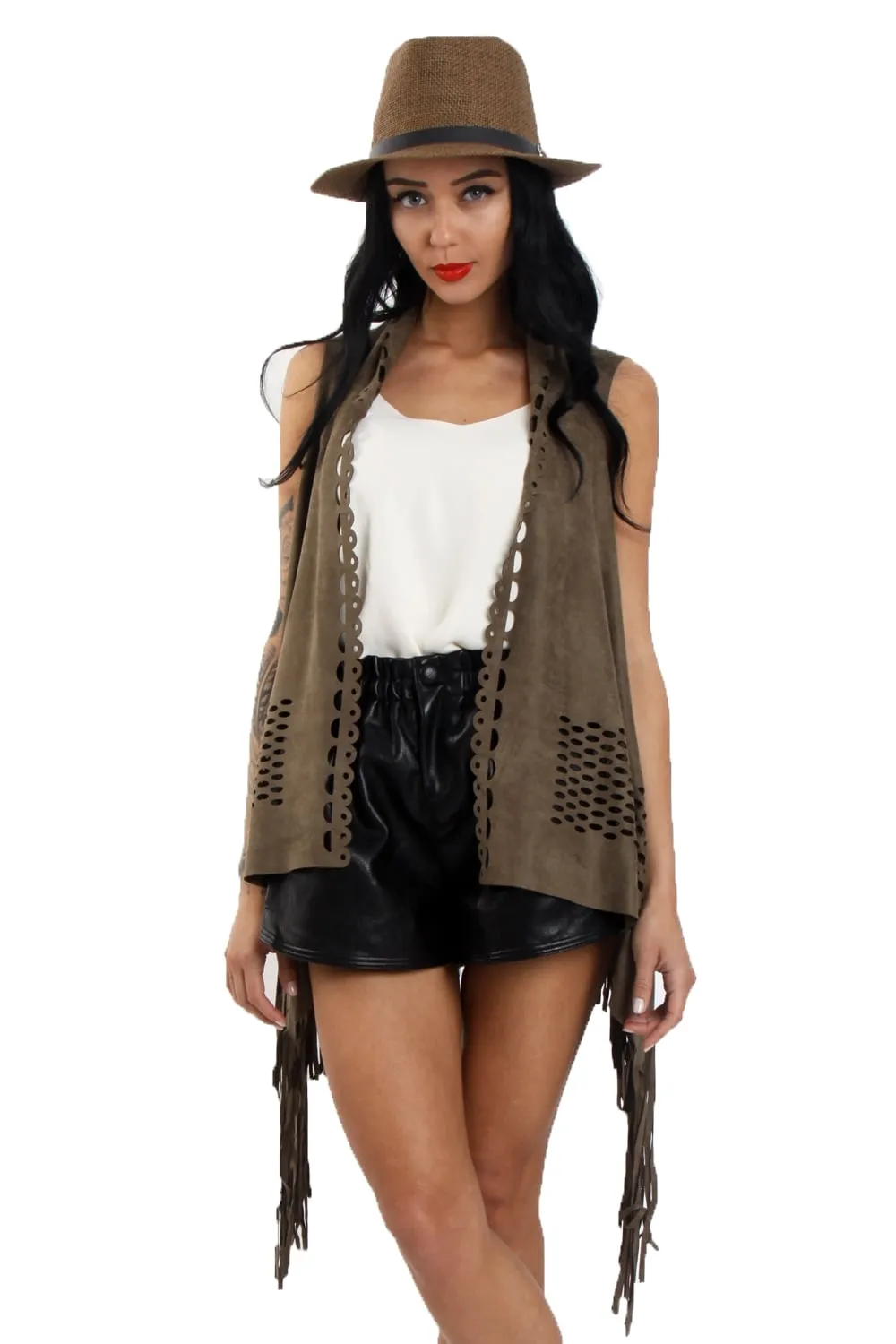 Laser Cut Faux Suede Waterfall Fringed Waistcoat