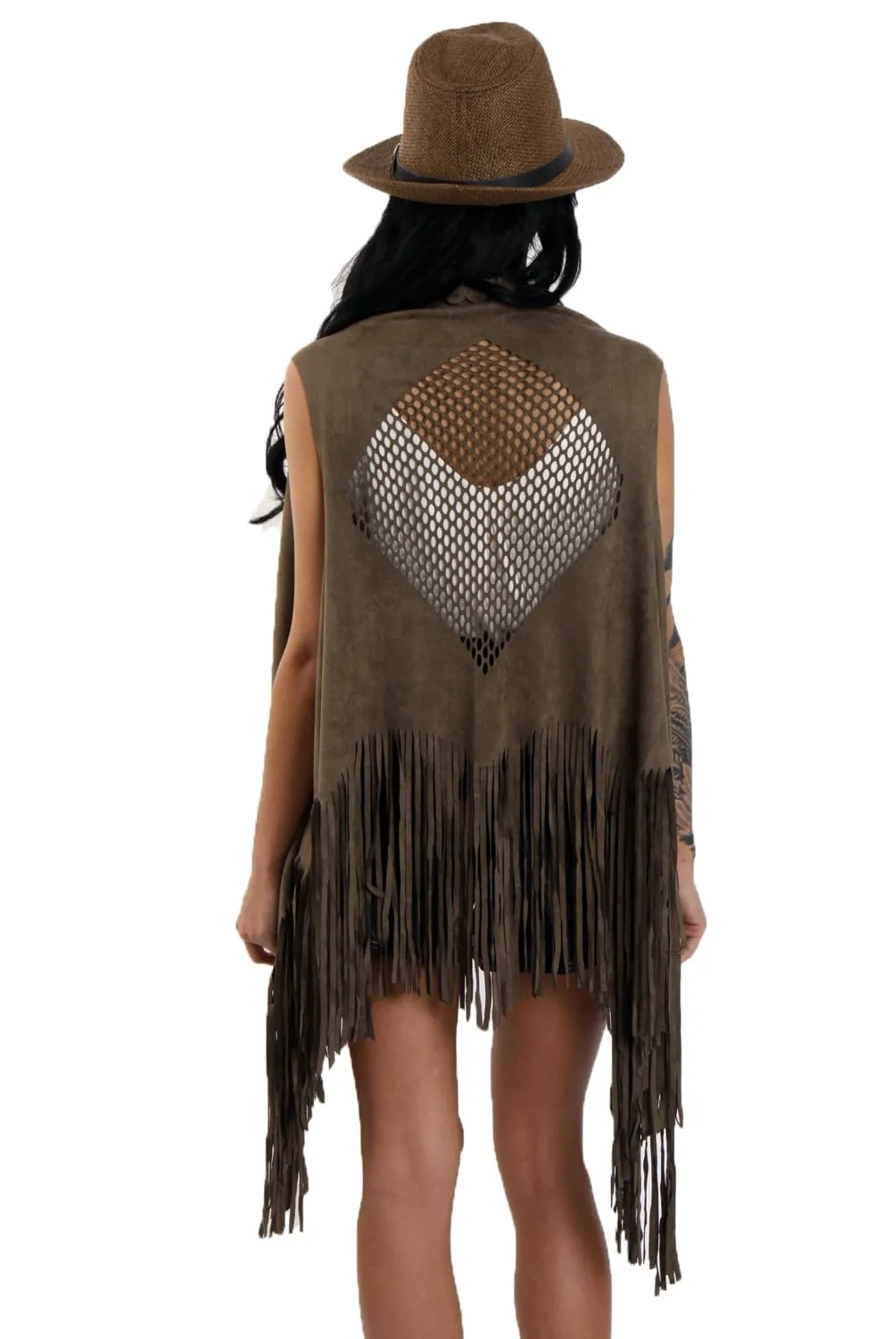 Laser Cut Faux Suede Waterfall Fringed Waistcoat