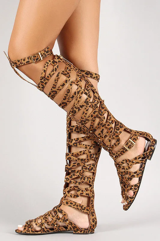 Leopard Strappy Studded Knee High Gladiator Flat Sandal