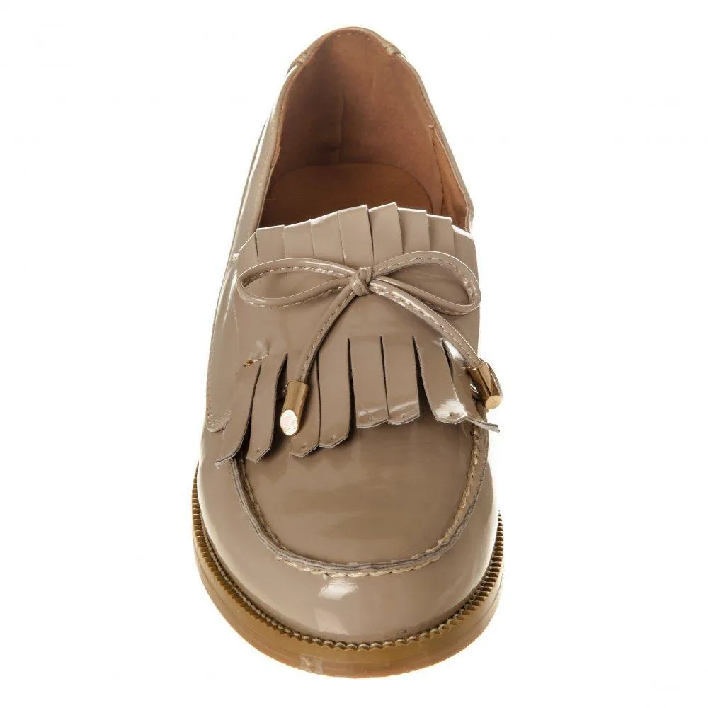 Low Stacked Block Heel Fringe Loafer  Bow Trim