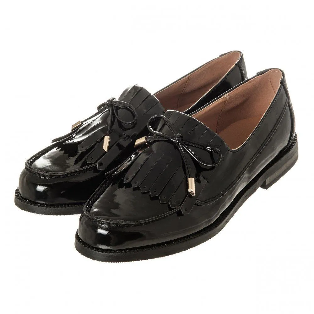 Low Stacked Block Heel Fringe Loafer  Bow Trim