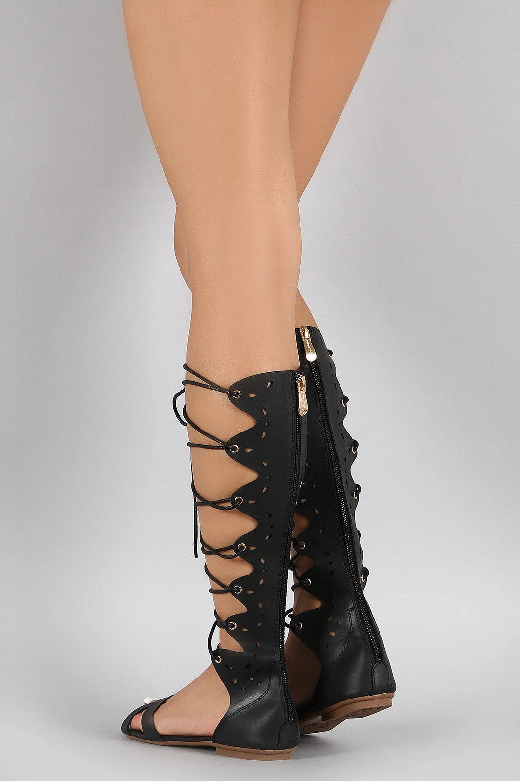 Perforated Lace Up Gladiator Knee High Flat Sandal