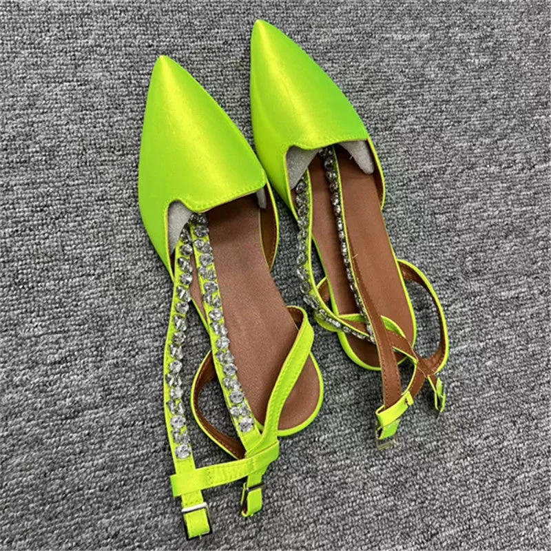 Pointed Toe Rhinestone Crystal Ankle Strap Flat Sandals