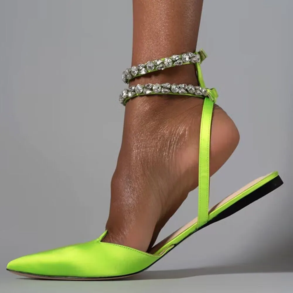 Pointed Toe Rhinestone Crystal Ankle Strap Flat Sandals