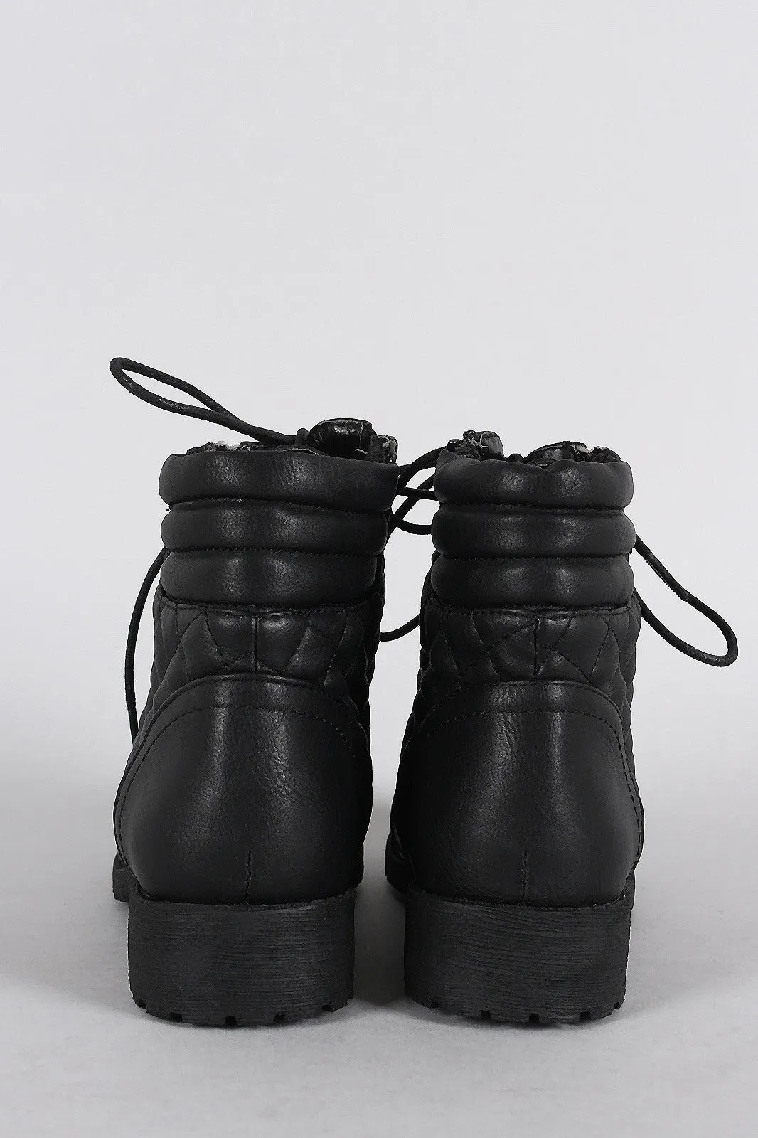 Quilted Zipper Trim Round Toe Lace Up Combat Ankle Boots