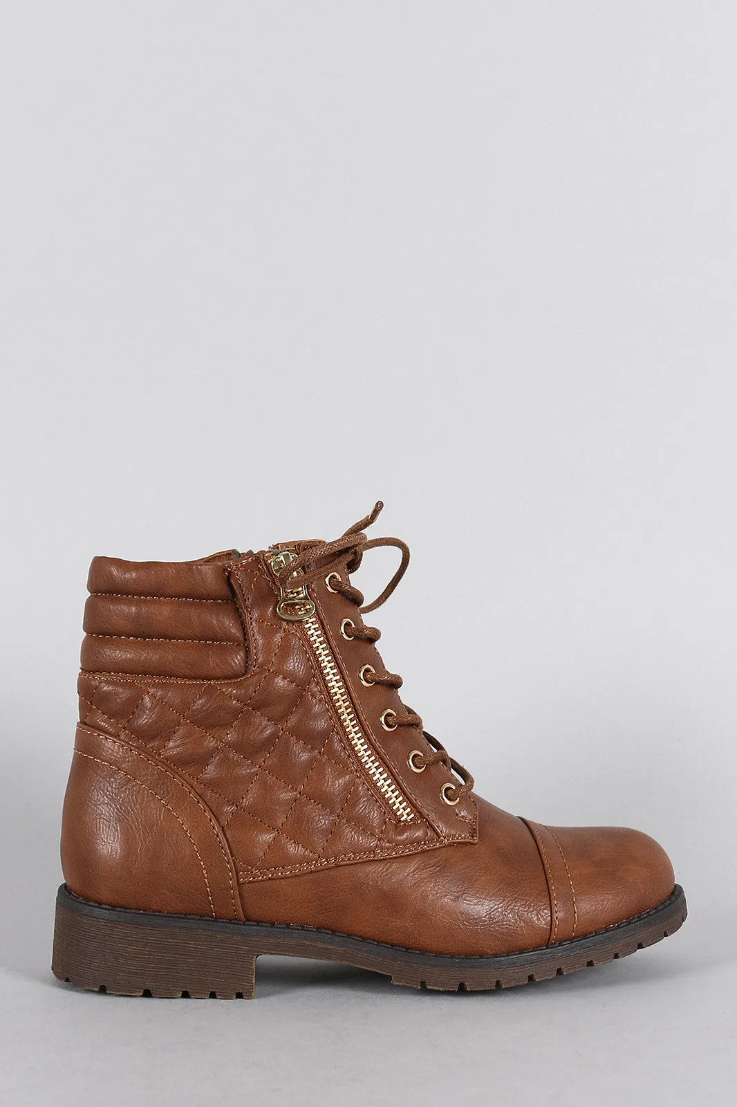 Quilted Zipper Trim Round Toe Lace Up Combat Ankle Boots