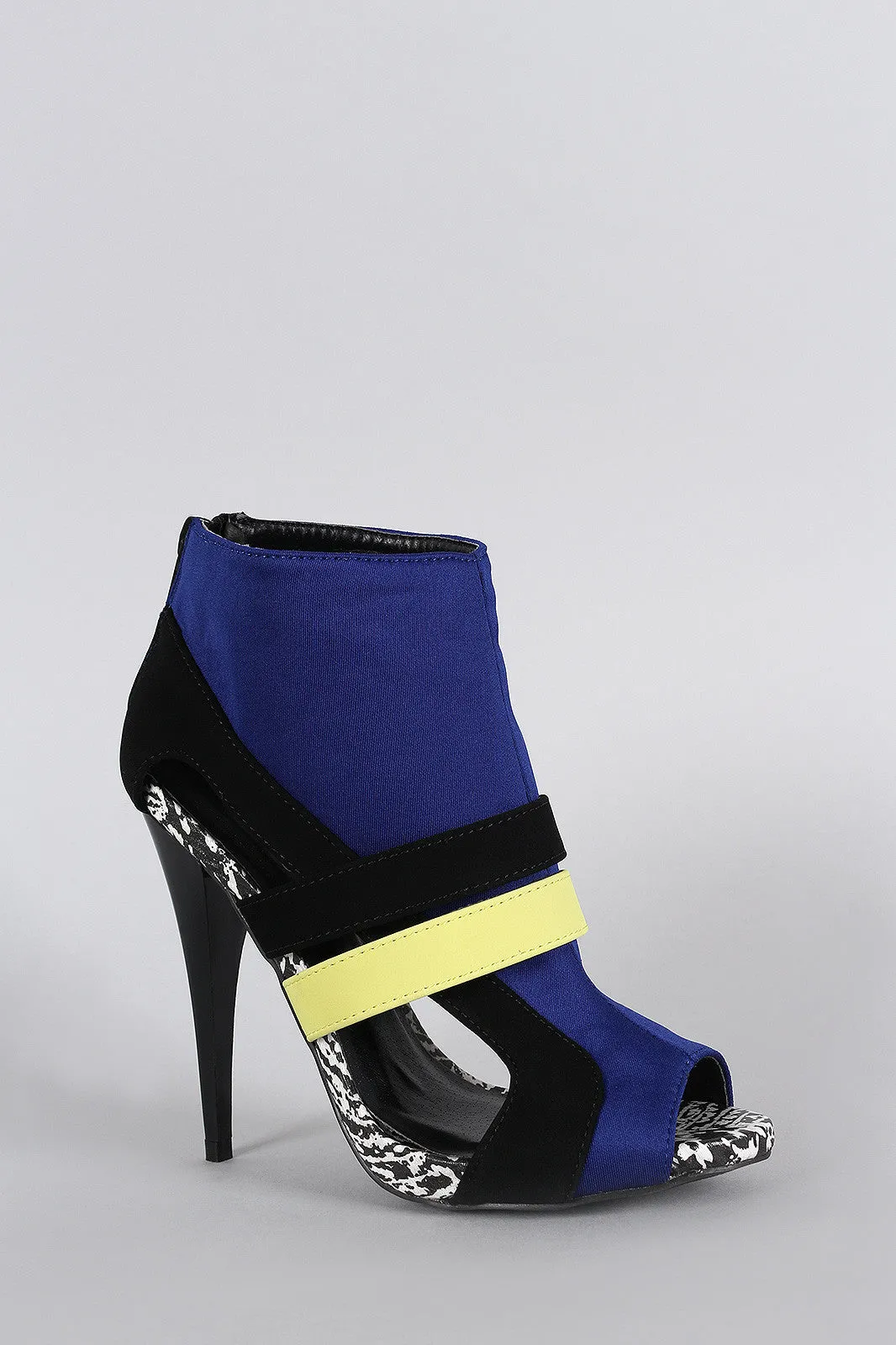 Qupid Colorblock Cutout Peep Toe Stiletto Booties