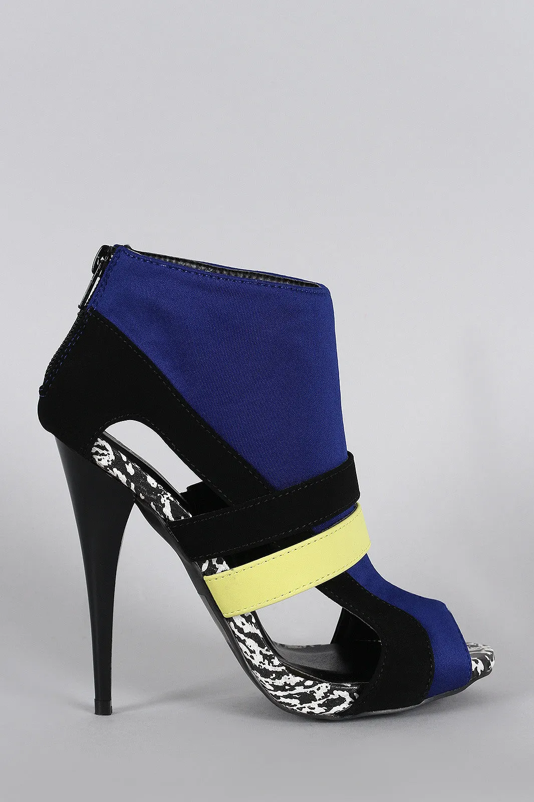 Qupid Colorblock Cutout Peep Toe Stiletto Booties